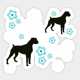 Boxer Dog Silhouette, with Pawprints on Blue Sticker